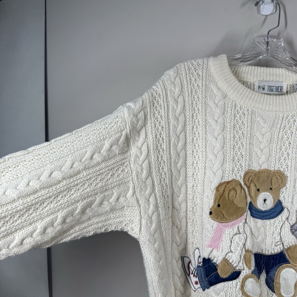 VTG Together! Sweater Womens L Cream Embroidered Teddy Bear Wool Cable Knit 90s - Picture 4 of 16